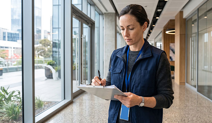 Inspector checking commercial facility with clipboard
