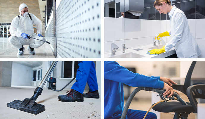 Collage of trash pickup service, clean parking lot, restroom cleaning and disinfecting service