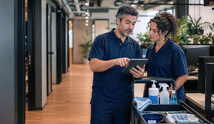 Janitors reviewing facility checklist on digital tablet