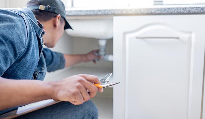 Professional plumber inspecting a basin sink pipe