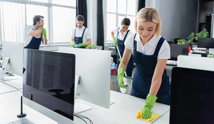 Team cleaning a corporate office workspace