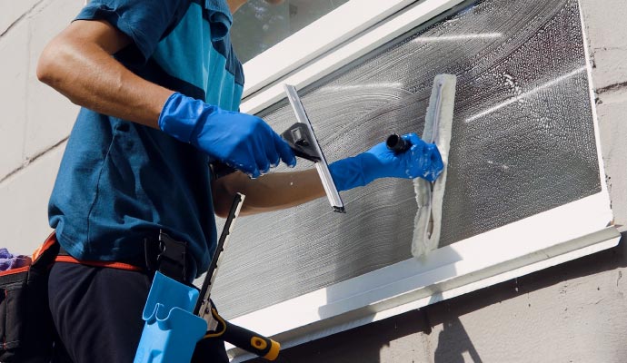Technician cleaning window