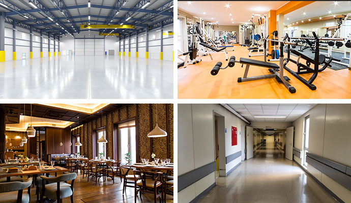 Collage of a clean warehouse, fitness center, restaurant, and healthcare hallway