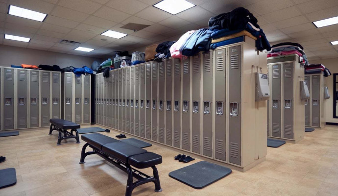Locker room with metal storage lockers