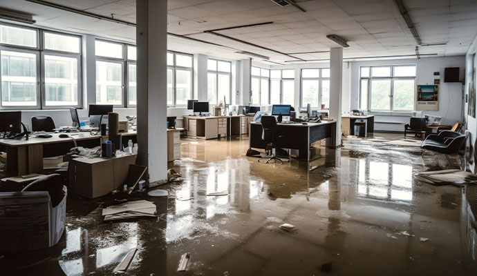 A commercial office showing the entire floor covered in deep, reflective standing water