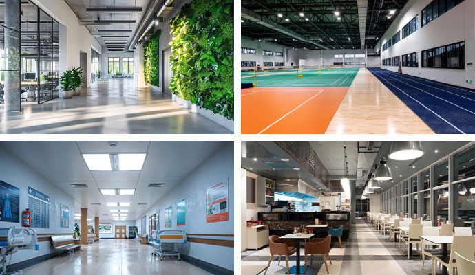 Collage showing commercial facilities including offices, sports complexes, healthcare centers, and restaurants