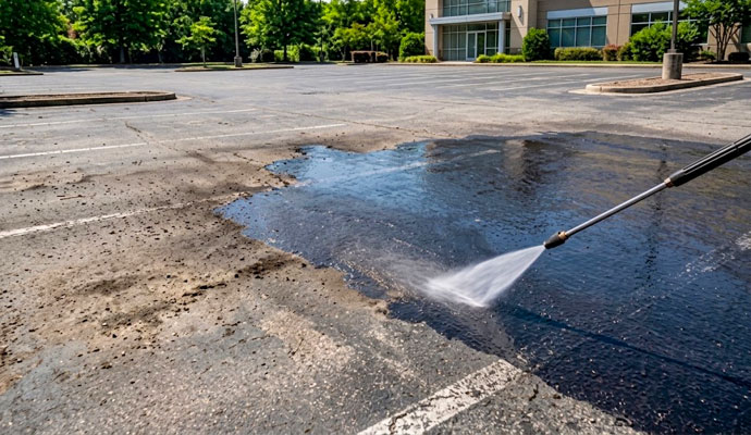 Pressure washing wand cleaning dirt from a commercial asphalt parking lot