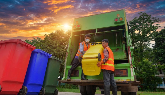 Sanitation workers loading a waste bin into a collection truck