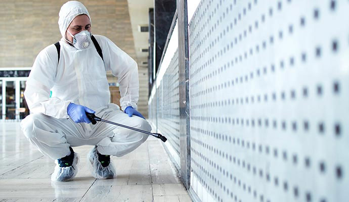 Technician in protective suit spraying disinfectant along building surfaces
