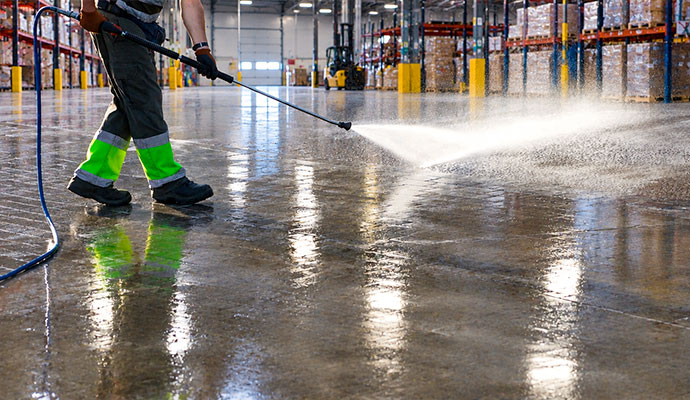 Technician pressure washing a commercial warehouse concrete floor