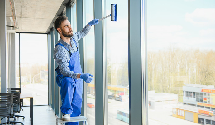 Professional cleaning office windows with squeegee