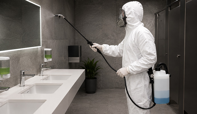 Professional technician disinfecting a commercial restroom