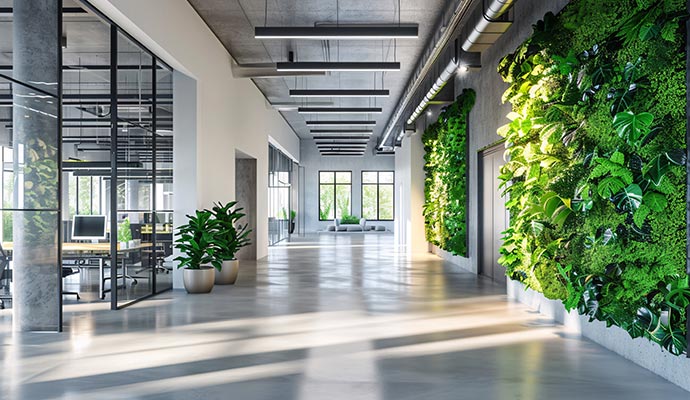 Sanitized modern office hallway