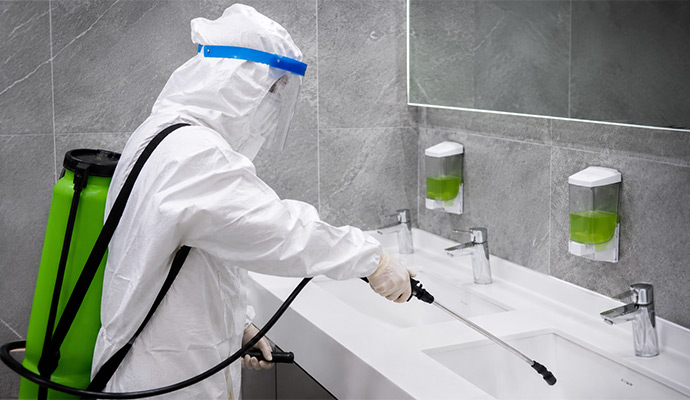 Technician spraying and sanitizing sinks in a commercial restroom