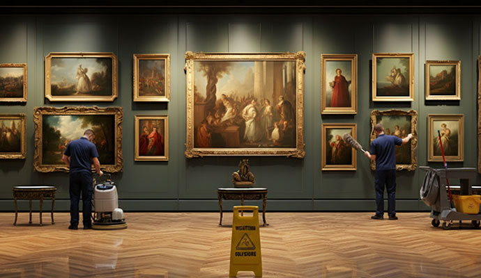 Two experts cleaning an art gallery
